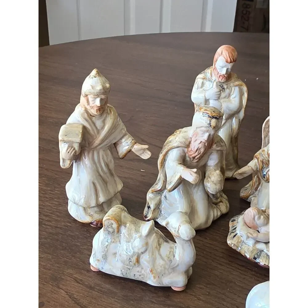 Vintage Nativity Scene Figurines 9-Piece Set Hand-Painted Ceramic Religious Chri